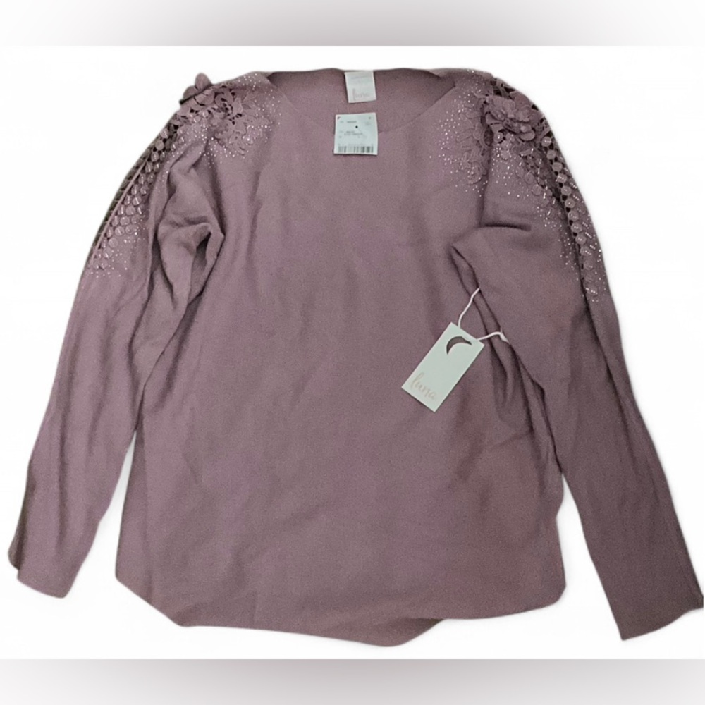 Luna Lavender Floral Ruffle Long Sleeve Blouse Glitter Sheer Top Size L NWT